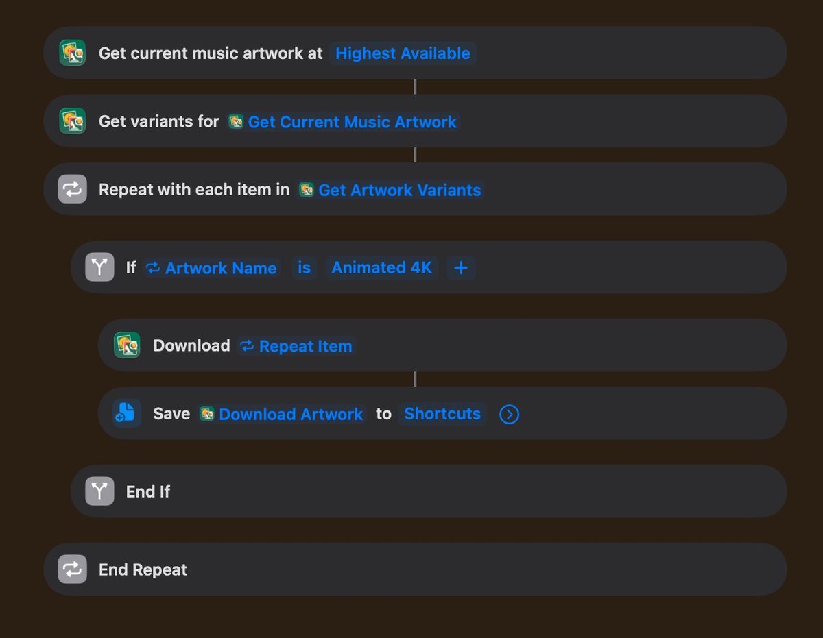 An Apple shortcut for downloading animated artwork using the Artwork Finder app