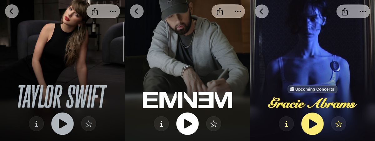 Examples of artist logos for Taylor Swift, Eminem, and Gracie Abrams on Apple Music