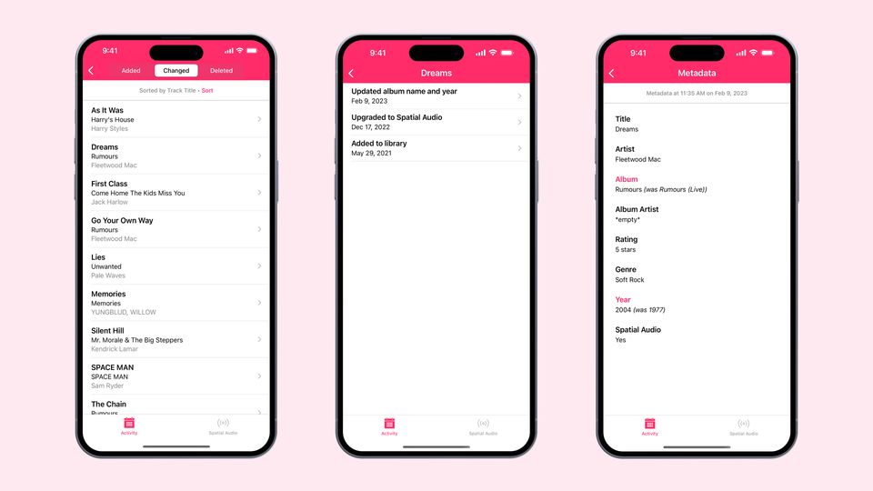 Three iPhone screens showing the flow from changed tracks to specific track metadata